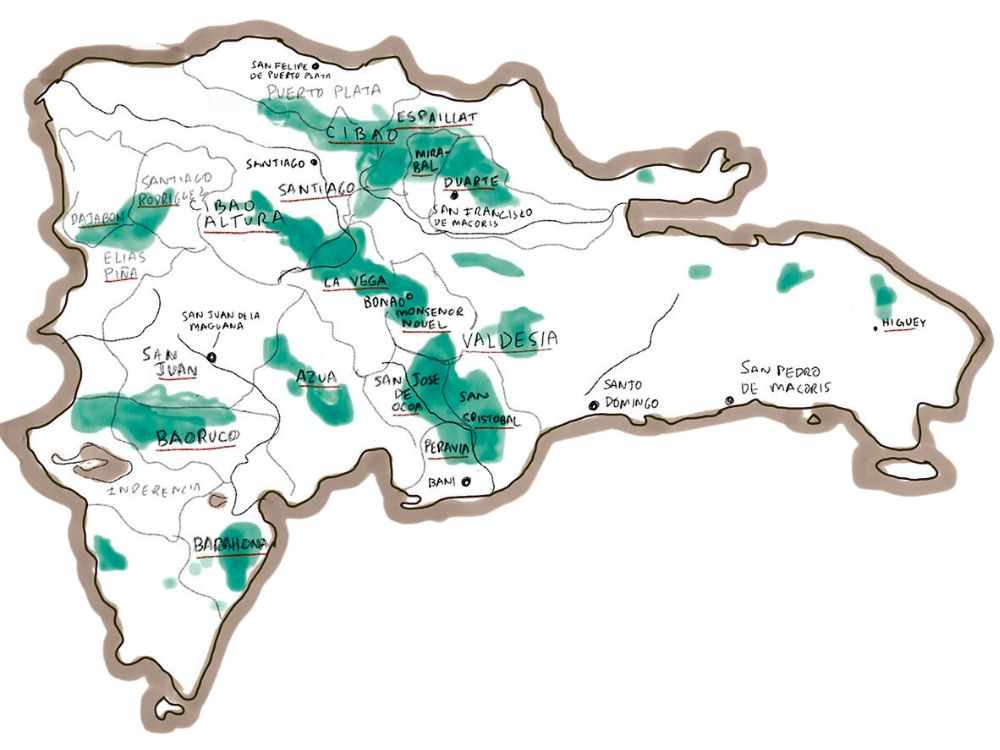 Mapa pestovania kávy v Dominikánskej republike